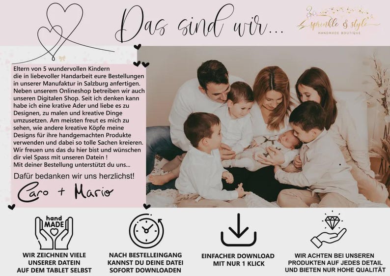 May include: A family of seven, including a newborn, is shown in a soft-toned photograph. The image includes text in German, a logo for Sprinkle & Style, and four icons representing handmade, instant download, easy download, and quality assurance.
