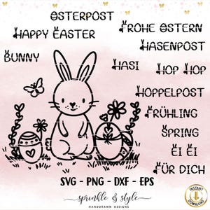 May include: Black and white line art illustration of a bunny rabbit sitting with two eggs. The text "OSTERPOST", "HAPPY EASTER", "BUNNY", "FROHE OSTERN", "HASENPOST", "HASI", "HOP HOP", "HOPPELPOST", "FR&Uuml;HLING", "SPRING", "EI EI", and "F&Uuml;R DICH" is also included in the image.