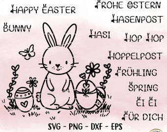 Easter Plotter File, Happy Easter, Easter Laser File, Cricut, Easter Bunny Png, Spring PNG, Clipart Bunny dxf, eps, German Quotes Digistamp