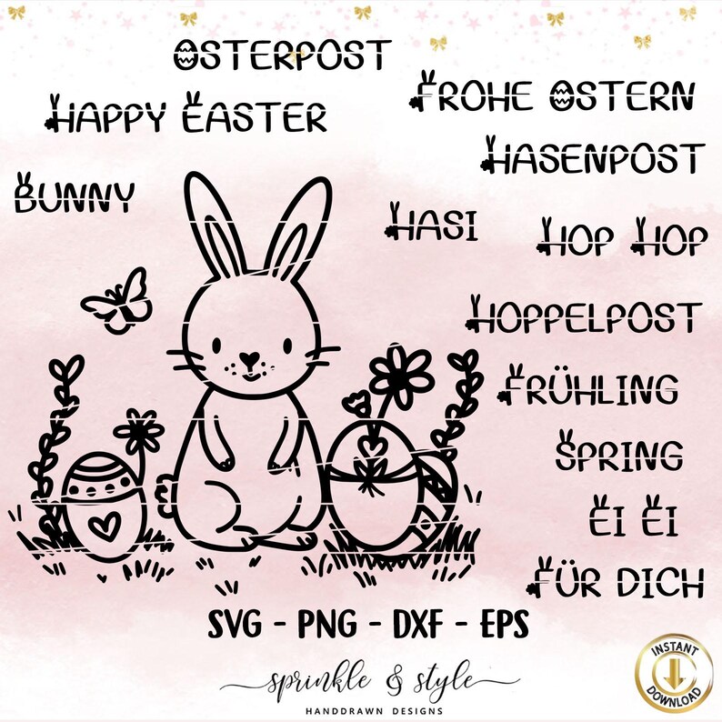 May include: Black and white line art illustration of a bunny rabbit sitting with two eggs. The text "OSTERPOST", "HAPPY EASTER", "BUNNY", "FROHE OSTERN", "HASENPOST", "HASI", "HOP HOP", "HOPPELPOST", "FR&Uuml;HLING", "SPRING", "EI EI", and "F&Uuml;R DICH" is also included in the image.