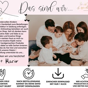 May include: A family of five, including a baby, sitting on a white blanket. The family is smiling and looking at the camera. The text "Das sind wir..." is written in a decorative font at the top of the image. The text "Caro + Mario" is written in a decorative font at the bottom of the image.