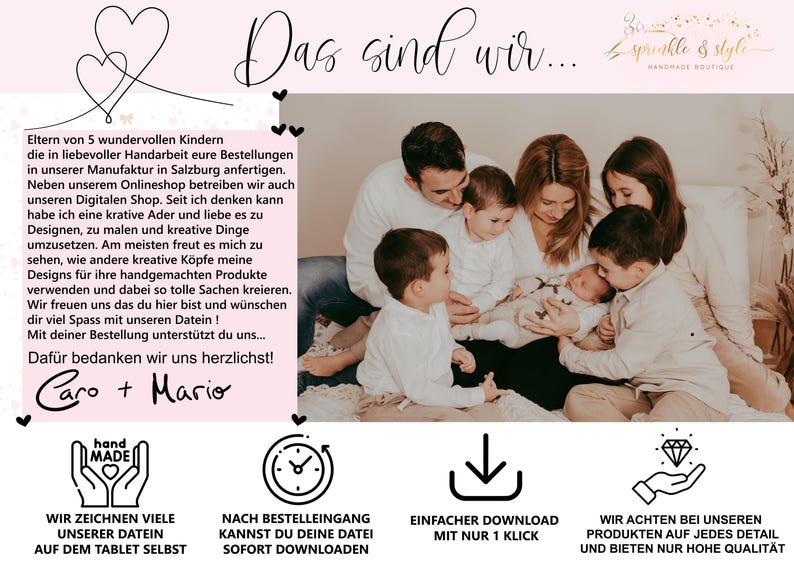 May include: A family of five, including a baby, sitting on a white blanket. The family is smiling and looking at the camera. The text "Das sind wir..." is written in a decorative font at the top of the image. The text "Caro + Mario" is written in a decorative font at the bottom of the image.
