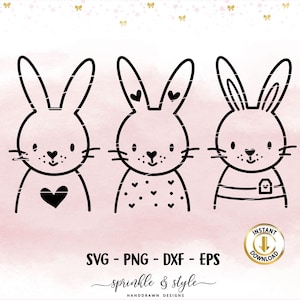 Puede incluir: Tres dibujos en blanco y negro de conejos con diferentes diseños. El primer conejo tiene un corazón en el pecho. El segundo conejo tiene un patrón de corazón en el pecho. El tercer conejo tiene un patrón de rayas en el pecho.