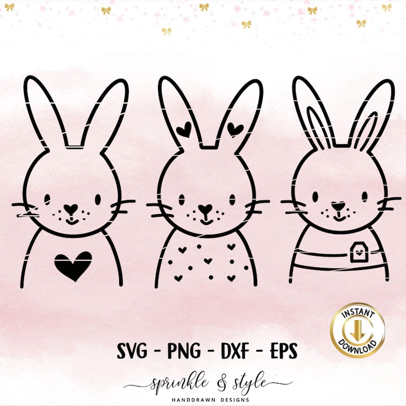 May include: Three black and white line drawings of bunnies with different designs. The first bunny has a heart on its chest. The second bunny has a heart pattern on its chest. The third bunny has a striped pattern on its chest.