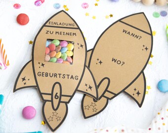 Schokolinsen Rakete, Einladung Geburtstag Kinder, Kindergeburtstag, Geburtstagseinladung digitale Einladung, pdf Druckvorlage zum ausdrucken