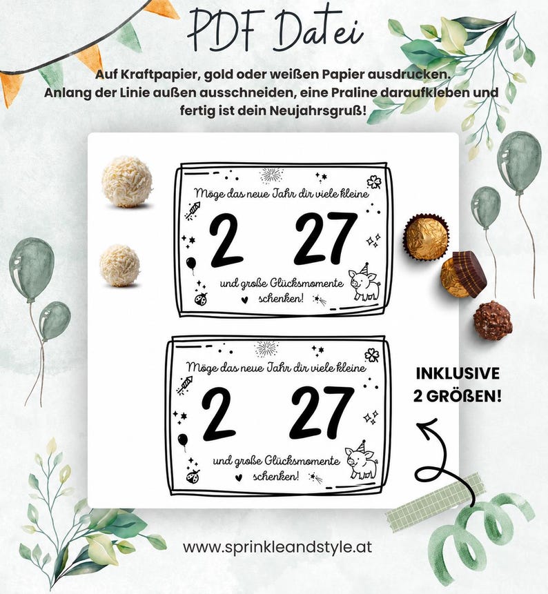 May include: A digital PDF file template featuring two rectangular labels with the German text 'M&ouml;ge das neue Jahr dir viele kleine 2 27 und gro&szlig;e Gl&uuml;cksmomente schenken!' and illustrations of fireworks, a pig, and a ladybug, with instructions for printing and assembly.