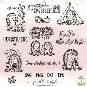 Op de afbeelding: Zwart-wit illustraties van egels in herfsttaferelen. De afbeelding bevat de tekst "gemütliche HERBSTZEIT", "HERBSTLIEBE", "Hallo Herbst!" en "Der Herbst ist da!" en informatie over bestandstypen.
