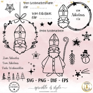 Puede incluir: Conjunto de clipart digital en blanco y negro con un personaje de San Nicolás, una corona, estrellas, copos de nieve, un muñeco de nieve y un árbol de Navidad. El texto "vom Nikolaus" y "Frohe Weihnachten" está incluido en la imagen.