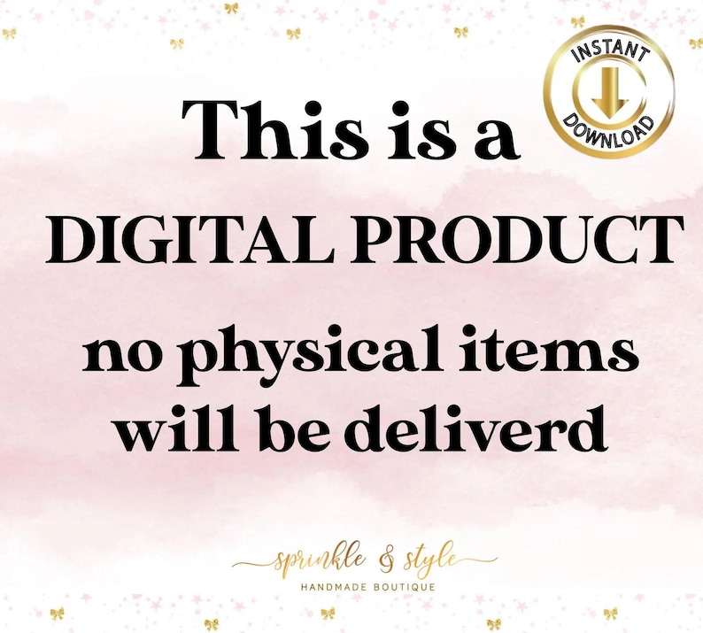 K&ouml;nnte beinhalten: Eine rosa und wei&szlig;e digitale Produktank&uuml;ndigung mit dem Text "Dies ist ein DIGITALES PRODUKT keine physischen Artikel werden geliefert" und den Worten "sprinkle & style HANDMADE BOUTIQUE" unten.