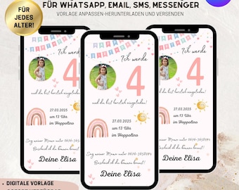 Digital Invitation Card, Birthday Invitation for Kids with Rainbow Photo, Customizable E-Card for WhatsApp, Invitation Girls, Canva Template