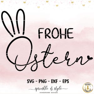 May include: Black and white graphic design featuring a bunny rabbit with the text "FROHE OSTERN" in a cursive font. The design is on a pink watercolor background.
