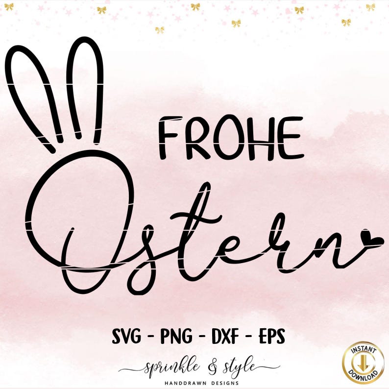 Puede incluir: Dise&ntilde;o gr&aacute;fico en blanco y negro con un conejo y el texto "FROHE OSTERN" en una fuente cursiva. El dise&ntilde;o est&aacute; sobre un fondo de acuarela rosa.