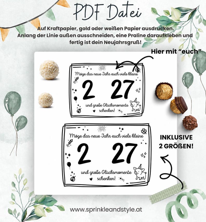 May include: A digital PDF file template for New Year's greetings featuring two rectangular cards with the text 'M&ouml;ge das neue Jahr euch viele kleine 2 27 und gro&szlig;e Gl&uuml;cksmomente schenken!' and illustrations of a pig, fireworks, and stars.