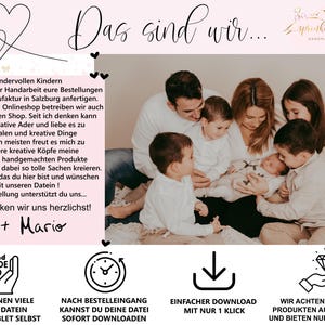 May include: A family of five, including a baby, sitting on a white blanket. The family is smiling and looking at the camera. The text "Das sind wir..." is written in a decorative font at the top of the image. The text "Caro + Mario" is written in a decorative font at the bottom of the image.