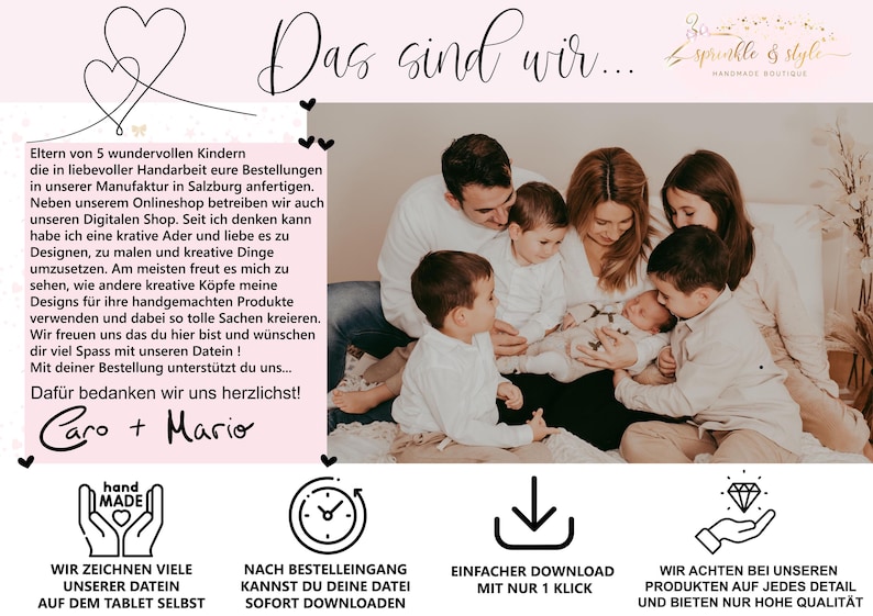 May include: A family of five, including a baby, sitting on a white blanket. The family is smiling and looking at the camera. The text "Das sind wir..." is written in a decorative font at the top of the image. The text "Caro + Mario" is written in a decorative font at the bottom of the image.