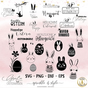 May include: A set of 16 black and white Easter bunny and egg themed SVG cut files. The designs include phrases like "Happy Easter", "Easter Greetings", and "Easter Bunny Mail".