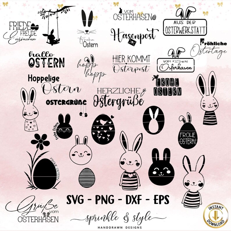 May include: A set of 16 black and white Easter bunny and egg themed SVG cut files. The designs include phrases like "Happy Easter", "Easter Greetings", and "Easter Bunny Mail".