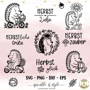 Könnte beinhalten: Schwarz-weiße digitale Illustrationen von Igeln mit herbstlichen Elementen. Die Designs zeigen Igel auf Fahrrädern, mit Blumen und Texten wie "Herbst Liebe" und "Herbst Glück".