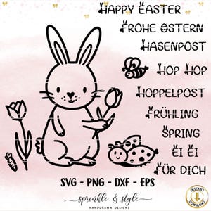 May include: A black and white Easter digital design featuring a bunny holding a tulip, with spring elements. Text includes "Happy Easter", "Spring", and file type information. The design is by Sprinkle & Style.