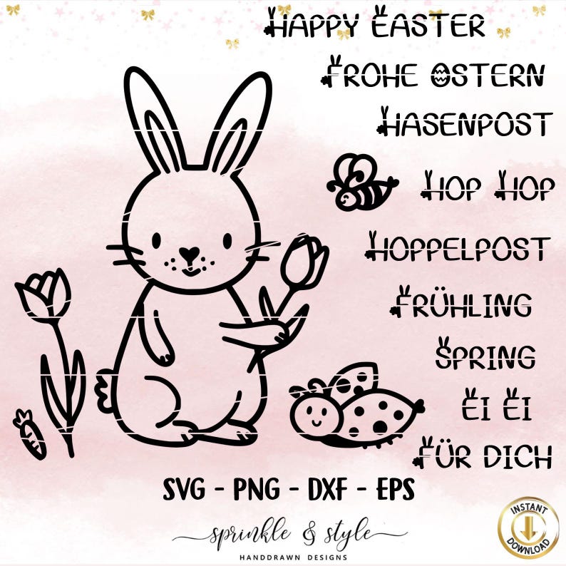 May include: A black and white Easter digital design featuring a bunny holding a tulip, with spring elements. Text includes "Happy Easter", "Spring", and file type information. The design is by Sprinkle & Style.