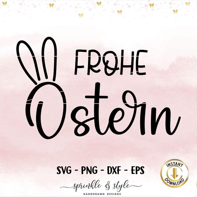 May include: Black and white graphic design featuring a bunny ear silhouette and the text "FROHE OSTERN" which translates to "Happy Easter" in German.