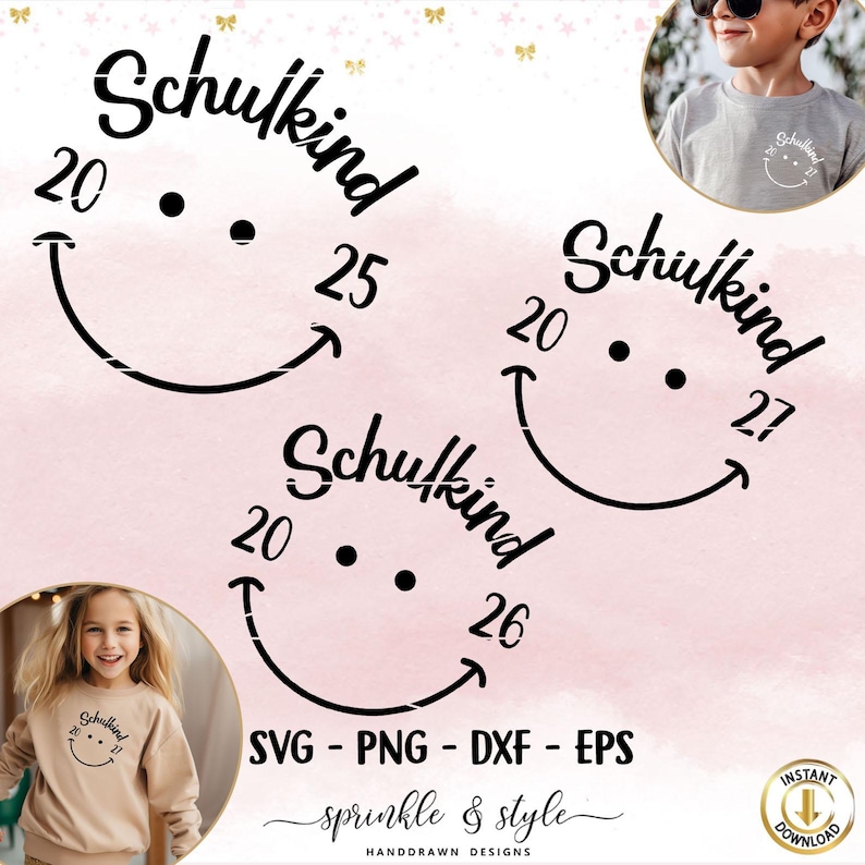K&ouml;nnte beinhalten: Drei schwarz-wei&szlig;e SVG-Schnittdateien mit einem l&auml;chelnden Gesicht mit dem Text "Schulkind" und den Zahlen 20, 25, 26 und 27. Die Dateien sind zum digitalen Download.