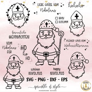 Könnte beinhalten: Schwarz-weiße Illustrationen von Weihnachtsmännern in verschiedenen Posen mit deutschem Text. Enthält Sätze wie "Liebe Grüße vom Nikolaus" und "besinnliche WEIHNACHTEN", sowie SVG, PNG, DXF und EPS Formate.