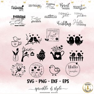 May include: A set of 16 black and white spring-themed SVG cut files. The designs include birds, flowers, hearts, and text in German that says "Fr&uuml;hling" which means "Spring".