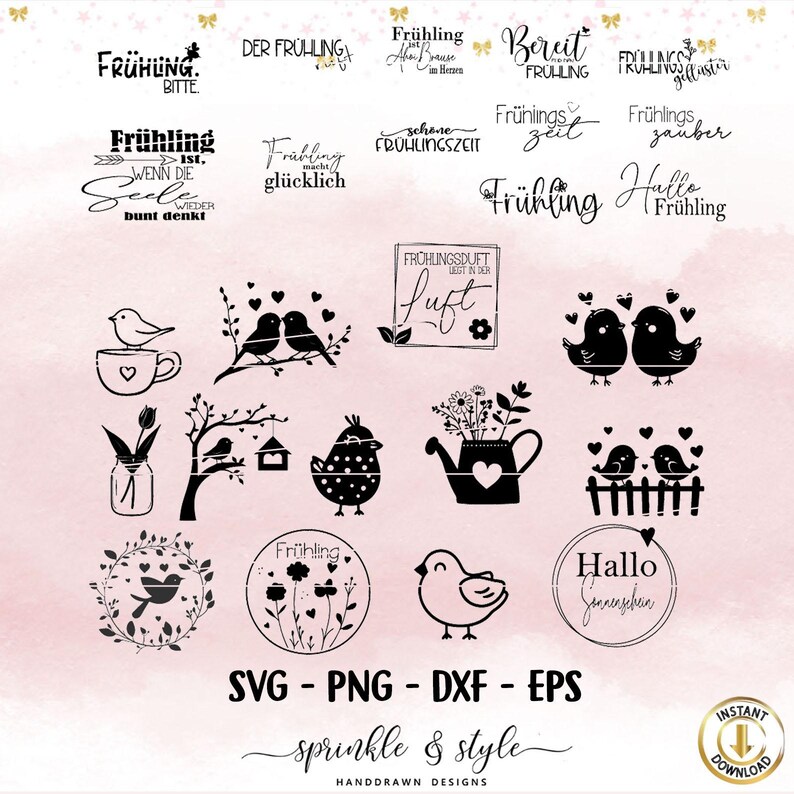 May include: A set of 16 black and white spring-themed SVG cut files. The designs include birds, flowers, hearts, and text in German that says "Fr&uuml;hling" which means "Spring".