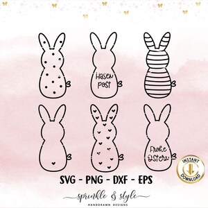 May include: Six black and white bunny outlines with different patterns. The bunnies are in the shape of an Easter egg. The text "Hasen Post" and "Frohe Ostern" are included in the design.