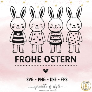 Puede incluir: Ilustración digital de cuatro conejos de dibujos animados en blanco y negro, cada uno con un atuendo único y una cara sonriente. El texto "FROHE OSTERN" se muestra debajo, junto con texto adicional y un símbolo de corazón.