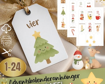 Advent calendar numbers 1-24 PDF, DIY, 24 templates to print, Christmas numbers download Christmas tags, gift tags,