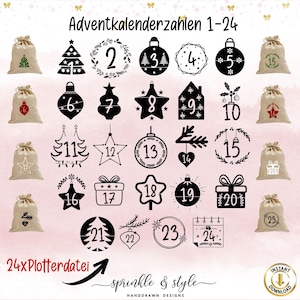 以下が含まれることがあります： 星、オーナメント、ギフトボックスなど、さまざまなお祝いの形をした1〜24の数字が特徴の、24のアドベントカレンダーデザインのコレクション。休日のテーマのイラストが描かれたジュートの袋が含まれています。「Adventkalenderzahlen 1-24」というテキストが上部にあります。
