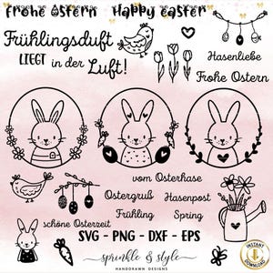 May include: Black and white illustrations of bunnies, birds, flowers, and eggs. The text "Frohe Ostern" and "Happy Easter" are included. The text "Fr&uuml;hlingsduft liegt in der Luft!" is also included. The text "Hasenliebe Frohe Ostern" is included. The text "vom Osterhase Ostergru&szlig; Hasenpost Fr&uuml;hling Spring" is included. The text "sch&ouml;ne Osterzeit" is included. The text "SVG - PNG - DXF - EPS" is included. The text "sprinkle & style HANDDRAWN DESIGNS" is included. The text "INSTANT DOWNLOAD" is included.
