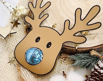 Plantilla de reno en PDF, idea de regalo de Navidad DIY, plantilla de impresión para bolas Lindt, Raffaello o Ferrero Küsschen, descarga instantánea para manualidades