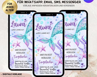 May include: A digital invitation for a birthday party featuring a mermaid tail design. The invitation is for a girl named Laura who is turning 5. The invitation is in a light blue and purple colour scheme with a mermaid tail, stars, and bubbles. The text on the invitation reads "Laura will be 5 years old!" and "You are cordially invited to a birthday party on Saturday, June 25, 2025 at Bauemhof Woller. Musterweg 23, Berlin. Telephone: 04562-548788."