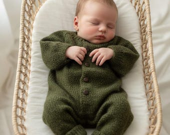 Mono de punto para bebé de lana de alpaca, pelele verde hecho a mano para recién nacido, conjunto para la salida del hospital