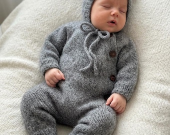 Peto de punto para bebé con gorro, lana de alpaca supersuave, conjunto de regalo para recién nacidos.