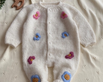 Floral Knit Baby Jumpsuit,  Daisy Embroidery Romper, Handmade Cottagecore Newborn Gift
