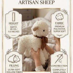 Puede incluir: Peluche artesanal de oveja hecho a mano, de aproximadamente 29 cm de altura, fabricado con tejido de poli&eacute;ster de primera calidad y relleno de fibra hueca ultrasuave. El juguete est&aacute; completamente cosido a mano y tiene una cinta marr&oacute;n.