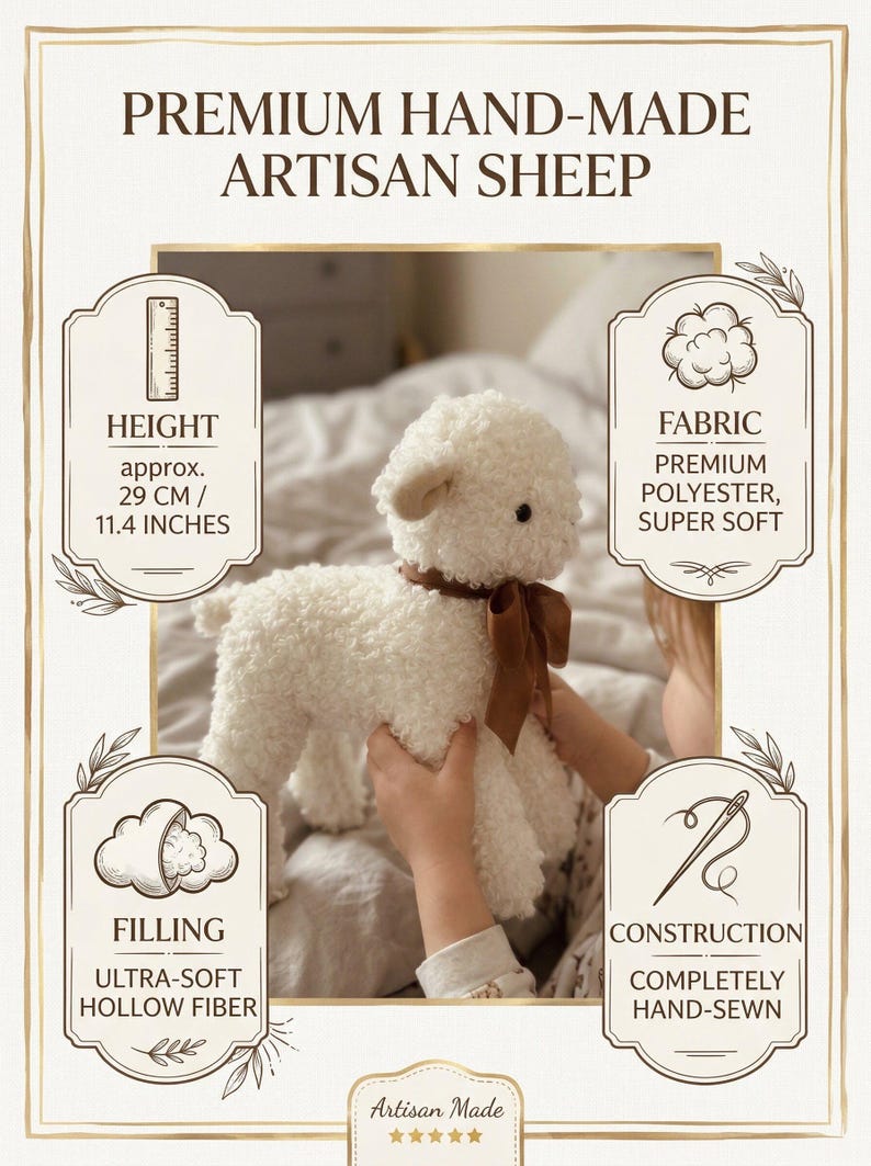 Puede incluir: Peluche artesanal de oveja hecho a mano, de aproximadamente 29 cm de altura, fabricado con tejido de poli&eacute;ster de primera calidad y relleno de fibra hueca ultrasuave. El juguete est&aacute; completamente cosido a mano y tiene una cinta marr&oacute;n.