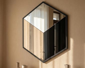 Art Deco Wall Mirror: Black, Bronze & Silver Glass, Geometric Hexagon Home Decor