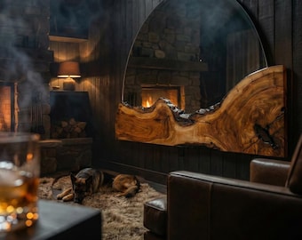 Live Edge Wall Mirror, Half Round Fireplace, Olive Wood Rustic Handmade Frame, Natural Finish