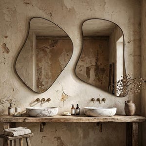 Könnte beinhalten: Rustikales Badezimmer mit zwei unregelmäßig geformten Spiegeln mit schwarzen Rahmen. Darunter befindet sich ein Waschtisch aus Holz mit Marmorwaschbecken, Messingarmaturen und dekorativen Elementen. Ein kleiner Holzschemel und Steinboden ergänzen das natürliche Ambiente.