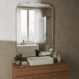 May include: A contemporary bathroom scene featuring a wooden vanity unit with a white rectangular sink and black tap. A large, rounded mirror reflects a window and shower. The vanity has six drawers. Two white vases and a plant are on the counter.