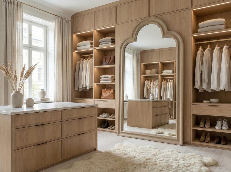 May include: A light wood walk-in closet with built-in shelving, drawers, and a large mirror. The closet features hanging clothes, folded towels, and handbags. A white marble-topped dresser and a fluffy rug complete the space.