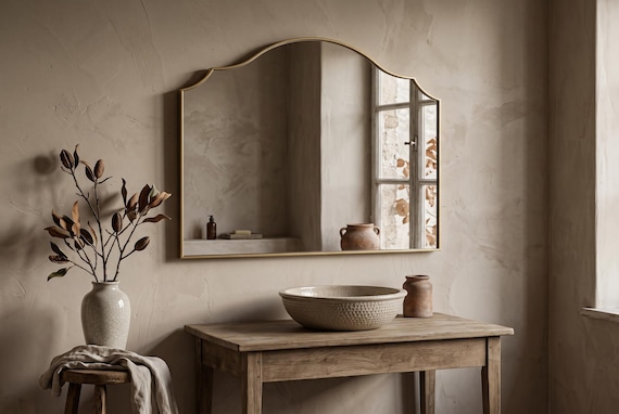 Wide Horizontal Vanity Wall Mirror, Gold Arch Bathroom Decor, Moroccan Luxury Accent