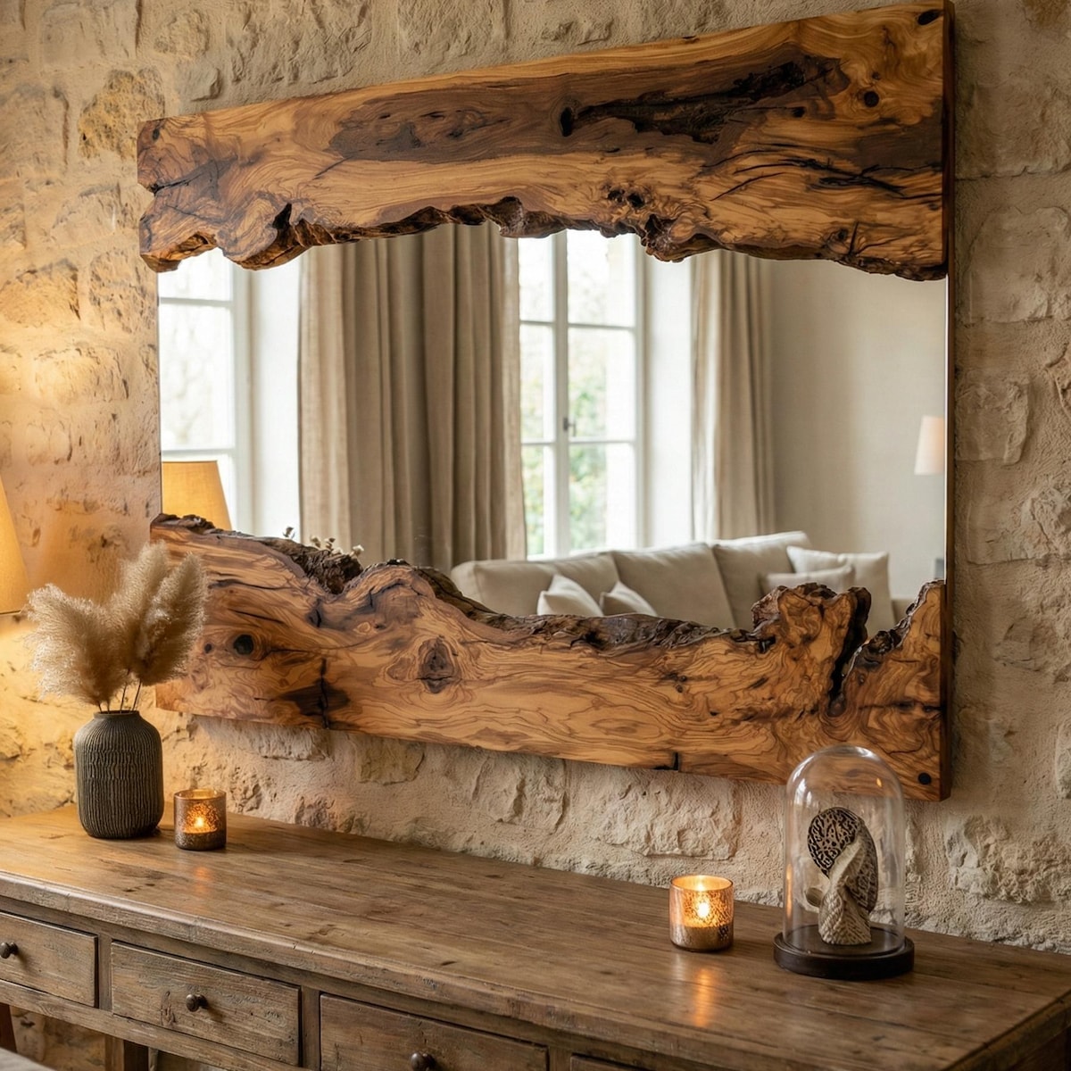 Live Edge Wall Mirror, Olive Wood Handmade Frame, Gloss Finish, Stylish Interior Accent - Etsy