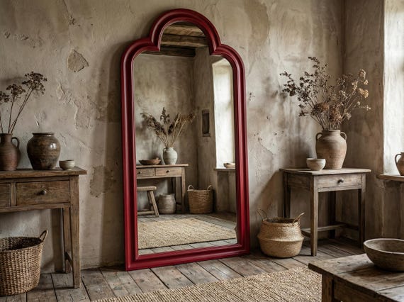 Full Length Mirror Scalloped Arched, Rustic Antique Gold Frame, Moroccan Floor Mirror