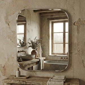May include: A large, rectangular mirror with rounded corners reflects a rustic bathroom scene. The mirror has a thin, silver frame. The bathroom features a wooden vanity, a stone sink, and a bathtub. A vase of greenery sits on the vanity.